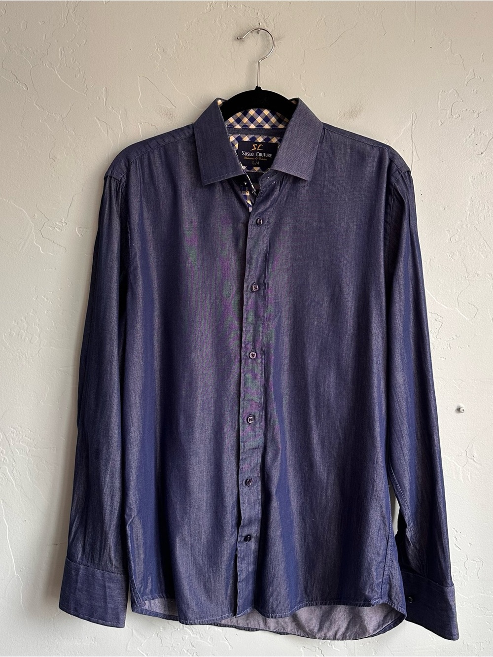 Suslo Couture Men's Blue Chambray Long Sleeve Button Up Shirt‎ Large EUC